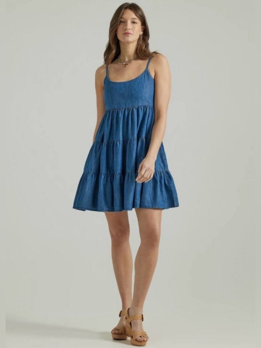 Wrangler Retro Denim/Chambray Tiered Spaghetti-Strap Prairie Dress - Picture 11 of 12